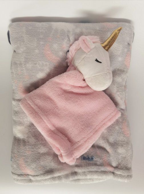 doudou et plaid gris licorne 