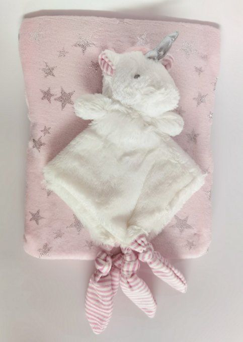 doudou et plaid roses licorne  